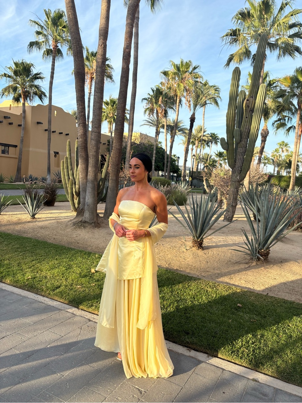 Elegant Strapless 3 pc Yellow Evening Gown with Shawl
